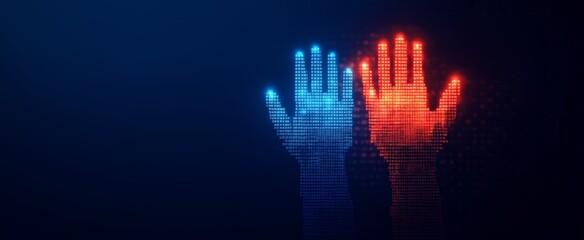 Fototapeta premium Futuristic digital hands in blue and red glow, symbolizing technology and innovation, set against a dark background.