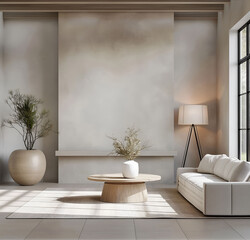 Aesthetic elegant minimalist japandi interior design. Clear mock up empty wall for decoration. Copy space. Neutral palette of natural colors.
