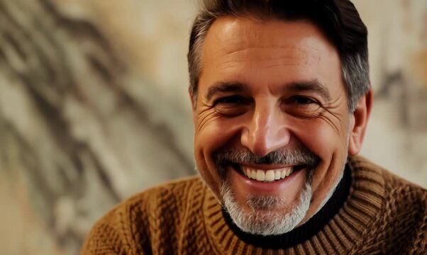 Close-up portrait video of a pleased man in his 50s wearing a cozy sweater against an abstract background