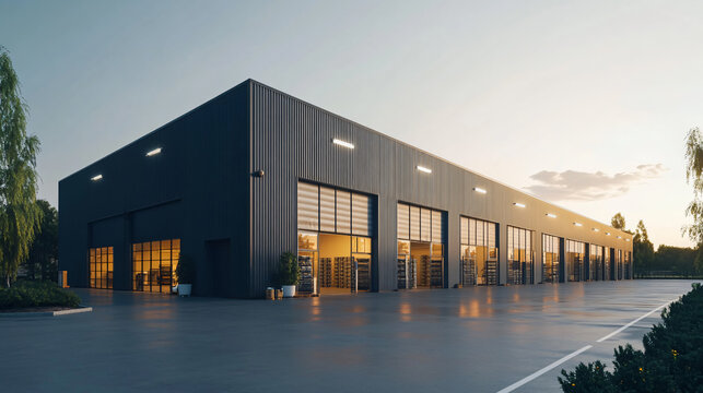 Exterior of a modern warehouse with a small office unit