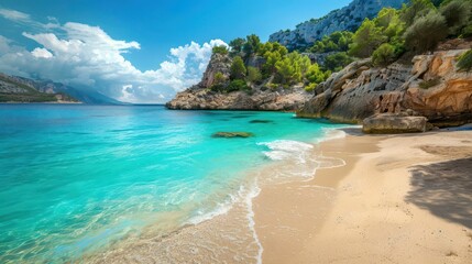 Fototapeta premium idyllic tropical beach paradise with turquoise water and soft sand mediterranean coastline scenery