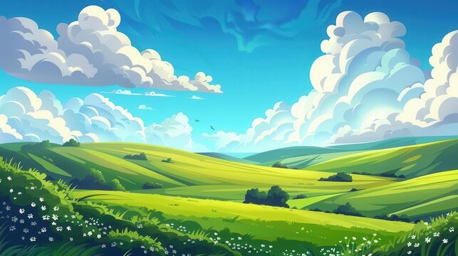 idyllic summer landscape rolling green hills and vibrant blue sky with fluffy clouds cartoon illustration