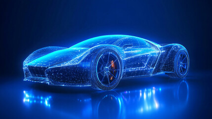 Futuristic digital wireframe of car concept with blue background. 
