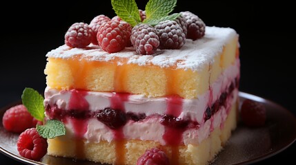 Close view of a fresh battenberg cake, highlighting delicious textures, front view from above, studio lighting, white background.