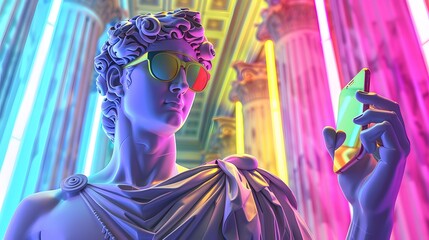 Obraz premium Roman statue with sunglasses and smartphone in a colorful modern background