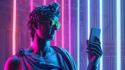 Roman statue wearing sunglasses holding a smartphone with vibrant colorful background