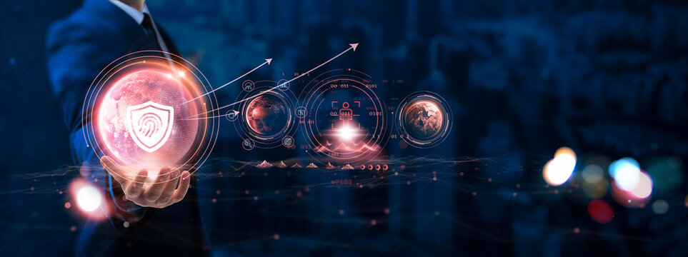 Bio metric Security: Businessman hand holding globe with network connecting data of digital technology, fingerprint recognition, facial recognition, voice authentication, iris scanning.
