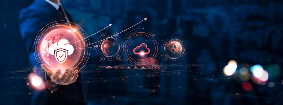 Cloud Security: Businessman hand holding globe with network connecting data of digital technology, data protection, cyber resilience, secure access, privacy compliance.