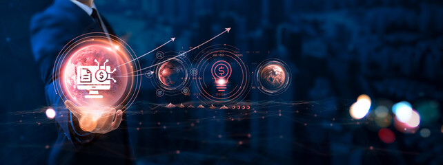 .Finance Technology: Businessman hand holding globe with network connecting data of digital...