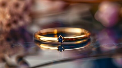 Obraz premium Elegant Handmade Gold Ring with Sapphire Against Reflective Bokeh Background for Jewelry Photography