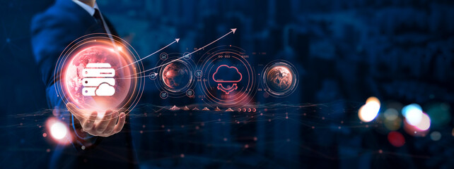 Hosting: Businessman hand holding globe with network connecting data of digital technology, server management, scalability, uptime reliability, cloud services.