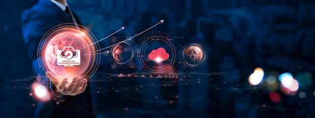 Big Data: Businessman hand holding globe with network connecting data of digital technology, data analytics, machine learning, predictive modeling, data-driven insights.