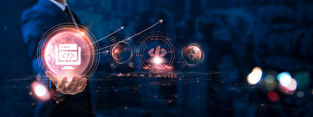 Fototapeta premium Web Development: Businessman hand holding globe with network connecting data of digital technology, responsive design, frontend and backend development, user experience, web security.