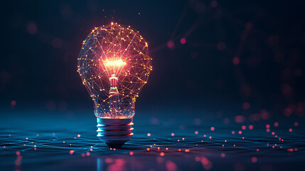 Innovation technology with holographic glowing low polygonal light bulb dark background