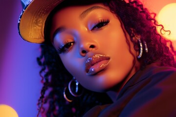 Beautiful Black Woman Rap Artist Producer Face Closeup Portrait Generative Illustration