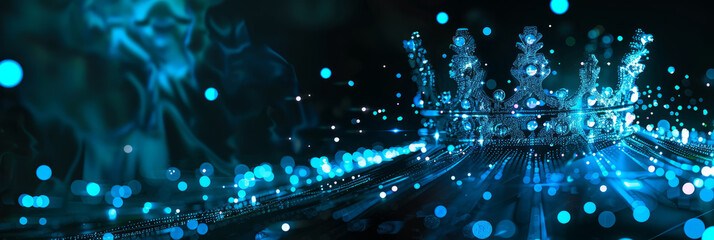 Digital data crown, dark digital realm, sparkling data bits, royal blue glow.
