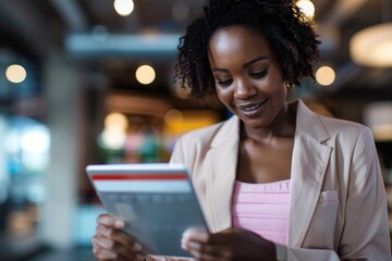 Online purchasing on tablet in office by black woman with credit card. Technology, ecommerce, and cheerful female entrepreneur with touchscreen and debit card for online banking, goods payment