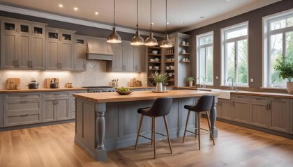 Obraz premium Kitchen interior in beautiful new luxury home with kitchen island and wooden floor,
