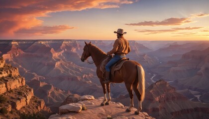 cowboy on a horse at the top of the mountainous grand canyon fiery sunset overlooking the serene
