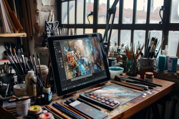 Obraz premium Creative Workspace with Art Supplies and Digital Painting Tutorial for Self Education in Art