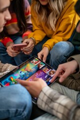 Fototapeta premium Friends Competing in Educational Quizzes on Tablet - Trivia and Learning App Interaction