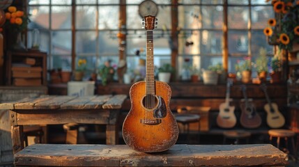 Acoustic Guitar in Rustic Setting