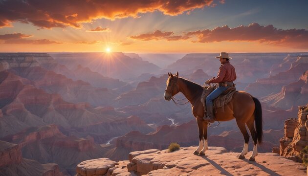 cowboy on a horse at the top of the mountainous grand canyon fiery sunset overlooking the serene
