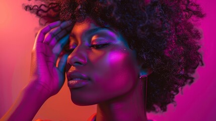 Natural hair, afro, and black woman seeking care, hygiene, and treatment on purple backdrop. While advertising space, curly, haircare, and girl model rest in luxury, pamper, or beauty routine