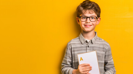 Happy Schoolboy Showing A+ Report Card Against Yellow Background - Design for Print, Card, Poster