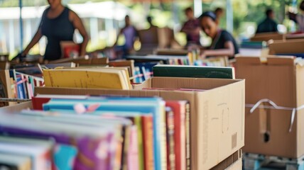 A community book drive organized by volunteers, collecting and distributing books to local schools