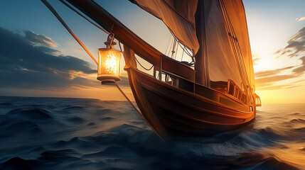 A boat with a lantern on it is sailing in the ocean