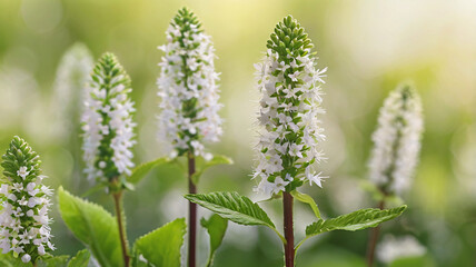 Image of a Single Flowering Plant with Delicate White Flowers and Serrated Green Leaves Against a Soft, Blurred Gradient Background