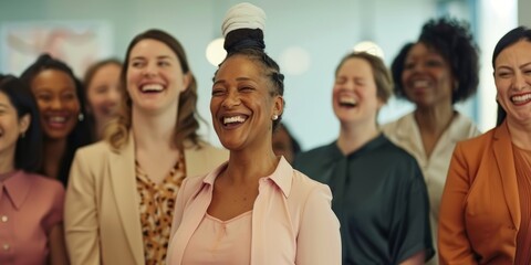 Fototapeta premium Diversity, women, and coworkers hug, smile, establish startup team, joke, and talk. Business, multiracial, and female coworkers support marketing and advertising.