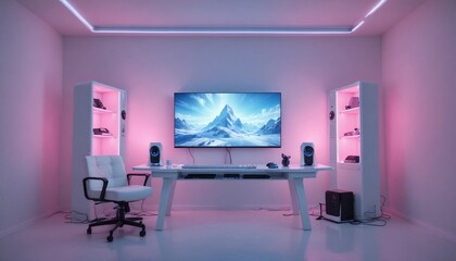 minimalist computer gaming room in white with neon lights in ice blue and pink tones.