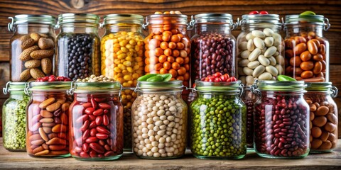 A Collection of Legumes in Glass Jars, Beans, Lentils, Peas, Nuts, Rustic Kitchen, Food Photography