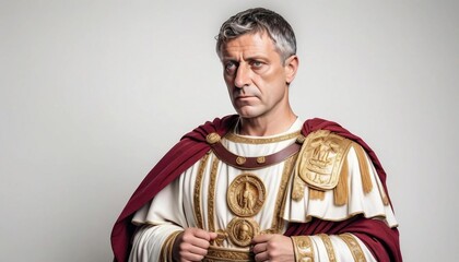 Fototapeta premium portrait of a male Roman emperor with a stern expression, wearing traditional armor and a red cape, isolated on a stark white background 