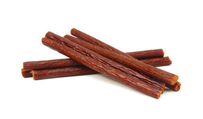 Smoked thin sausages, isolated on white