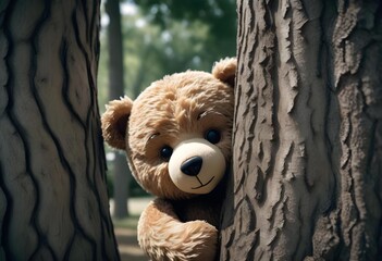 Teddy Bear Hiding Behind a Tree Peeking Out