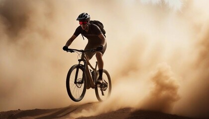 silhouette of a cyclist descending a hill on a mountain bike in dust and smoke
