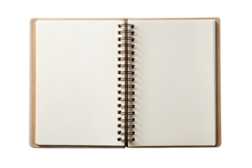 Open spiral notebook with blank pages isolated on a transparent background.