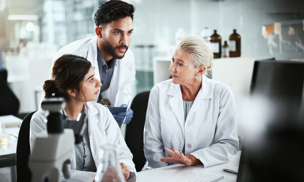 Meeting, research and team of scientists in laboratory for pharmaceutical innovation with drug trial. Discussion, person and biomedical technologists for chemistry discovery, study or project.