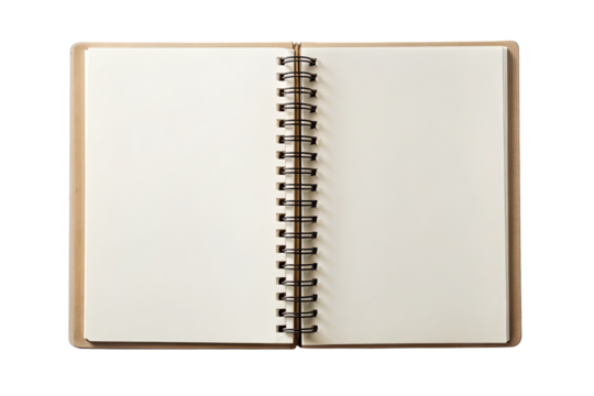 Open spiral notebook with blank pages isolated on a transparent background.