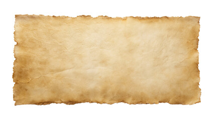 Aged parchment paper with frayed edges isolated on a transparent background.