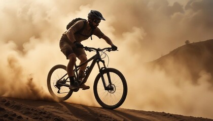 Naklejka premium silhouette of a cyclist descending a hill on a mountain bike in dust and smoke 