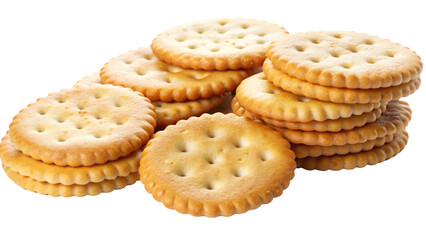 Stack of golden round crackers isolated on a transparent background.