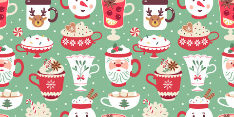 Christmas cups vector seamless pattern for wallpaper, gift paper and decoration