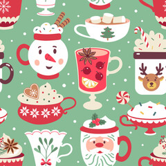 Christmas cups vector seamless pattern for wallpaper, gift paper and decoration
