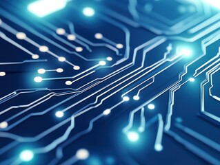 Intricate circuit board design illuminated by neon lights in a futuristic setting