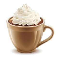 Coffee cup with whipped cream, decadent presentation, photorealistic, isolated on white background