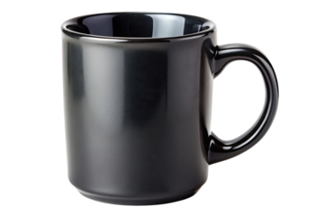 Black ceramic coffee mug on a dark background isolated on a transparent background.